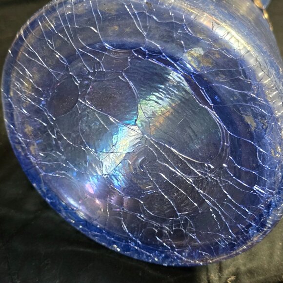 Vintage Blue Crackle Glass Decanter With Ornate Brass Detailing & Crystal Stoppe - Picture 7 of 8